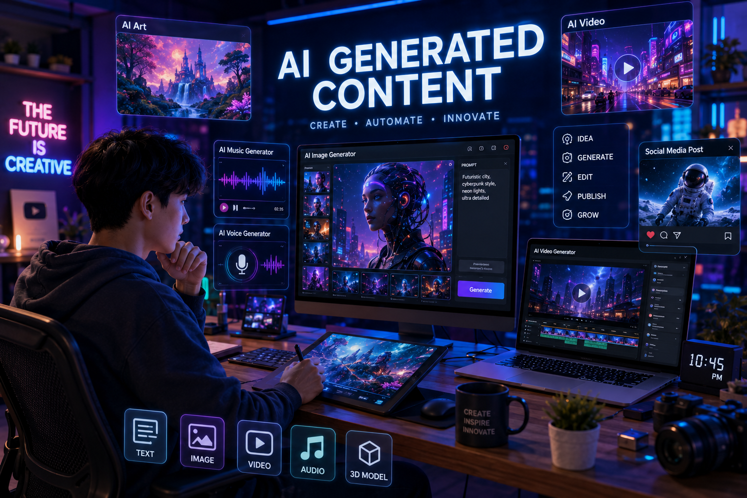 AI generated content and futuristic digital creativity online